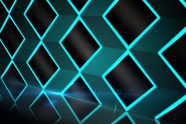 Siyah arkaplana karşı yeşil neon geometrik şekillerin soyut çizimi. Soyut desenli ve soyut şekilli teknoloji arkaplanı