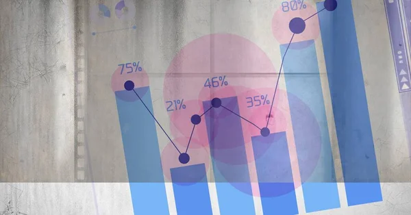 蓝色条形图和线条图的组成 其百分比在混凝土墙体上的粉红色圆圈中 体育和竞争概念数字生成的图像 — 图库照片
