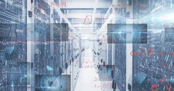 Image of digital data processing over server room. Global digital data processing concept digital generated image.