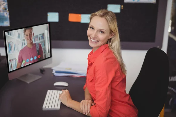 Portrait Female Teacher Having Video Call Male Student Computer School — Stock Photo, Image