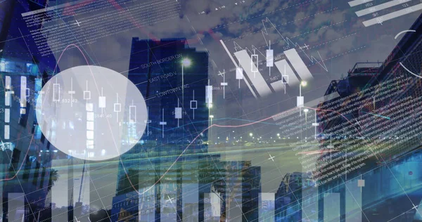 Image of statistical data processing over city traffic at night against tall buildings. Computer interface and business technology concept