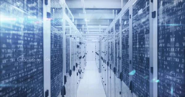 Image of digital data processing over server room. Global digital data processing concept digital generated image.