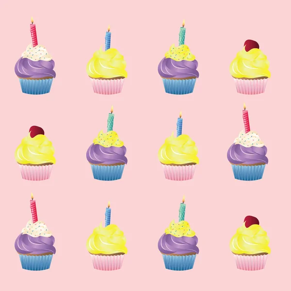 Vários Cupcakes Coloridos Com Velas Sobre Fundo Rosa Festa Aniversário — Fotografia de Stock