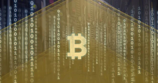 Composição Símbolo Bitcoin Processamento Codificação Binária Fundo Amarelo Criptomoeda Global — Fotografia de Stock