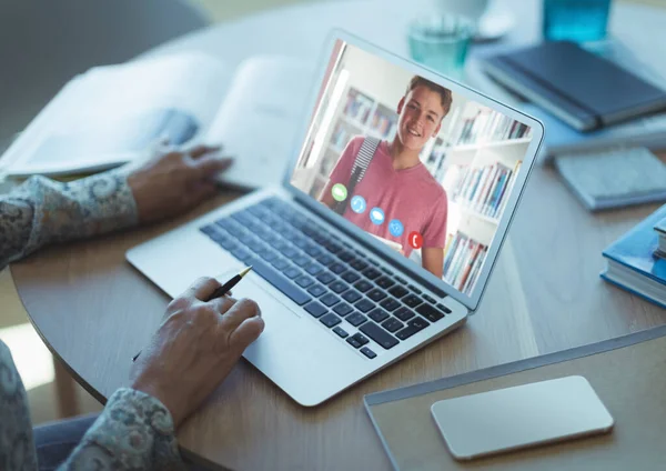 Female Teacher Having Videocall Male Student Laptop Home Distance Learning — Stock Photo, Image