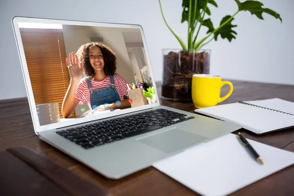 African American Woman Having Business Video Call Screen Laptop Desk — Stock Photo, Image