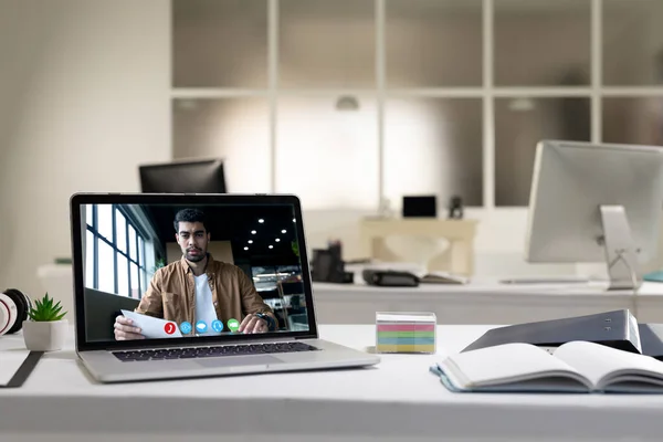 Mixed Race Man Having Business Video Call Screen Laptop Desk — Stock Photo, Image