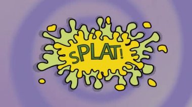 Splat 'li klasik çizgi film konuşma balonunun animasyonu! Mor çizgili arkaplanda yeşil harflerle yazılmış metin. Retro pop sanatları iletişim konsepti dijital olarak oluşturuldu.