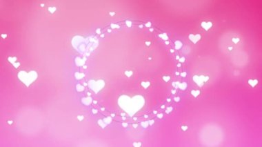 Pembe arka planda hipnotik hareketle hareket eden çoklu parlayan kalp ve ışık noktalarının animasyonu. Renk ve hareket kavramı dijital olarak oluşturuldu.