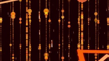 Arka planda turuncu daireler ve karelerle hipnotik hareket eden ışık ve ışık yollarının birden fazla parlayan noktasının animasyonu. Renk ve hareket kavramı dijital olarak oluşturuldu.