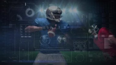Veri işleme, tarama ve analizlerin animasyonu. Amerikalı bir futbolcunun arka planda bir futbol sahasında başka bir oyuncuyla uğraşması.
