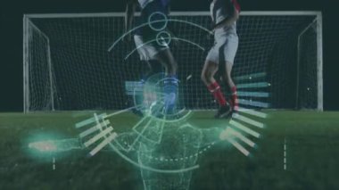 Analiz için tarama yapan dairesel bir teleskobun animasyonu. Arka plandaki bir maç sırasında futbol sahasında topu tekmeleyen iki futbolcuyla birlikte.