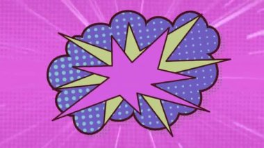 Mor arkaplanda hareket eden mor ve yeşil patlama yıldızlarıyla klasik çizgi film konuşma balonu animasyonu. Retro pop sanatları iletişim konsepti dijital olarak oluşturuldu.