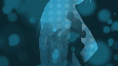 Mavi arka planda hipnotik hareketlerle hareket eden ışık noktalarıyla dans eden insanların siluetlerinin canlandırılması. Eğlence, renk ve hareket konsepti dijital olarak oluşturulmuş görüntü.