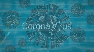 Beyaz metinde Corona Virüsü kelimesinin animasyonu mavi arka planda mali istatistikleri olan bir virüsün 3D hareketli modeli üzerinde. Coronavirus Covid-19 pandemik finans konsepti, dijital bileşik