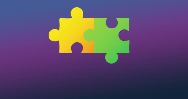 紫の背景に自閉症啓発月間のシンボルを形成する複数の色のパズル要素のアニメーション 自動認識サポートコンセプトデジタル生成された画像 — ストック動画
