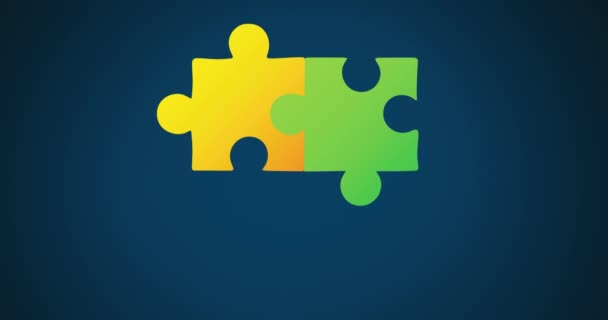 青い背景に自閉症の認識月のシンボルを形成する複数の色のパズル要素のアニメーション 自動認識サポートコンセプトデジタル生成された画像 — ストック動画