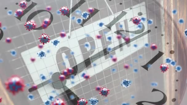 Animacja Pływających Makr Covid Komórek Poruszający Się Zegar Nad Znakiem — Wideo stockowe