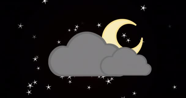 Κινούμενα Σχέδια Νυχτερινού Ουρανού Ημισέληνο Και Σύννεφο Πολλαπλά Λευκά Αστέρια — Αρχείο Βίντεο