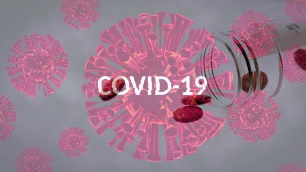 Κινούμενο Κείμενο Covid Και Κυμαινόμενο Μακροεντολή Covid Κύτταρα Πάνω Από — Αρχείο Βίντεο