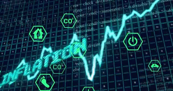 Animace Modrého Inflačního Textu Grafu Přes Ikony Zelené Energie Zpracování — Stock video
