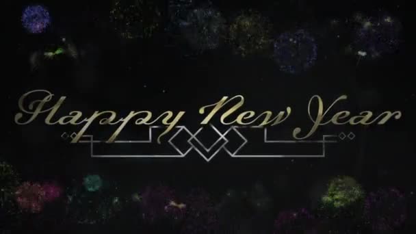 Animation Des Goldglänzenden Neujahrstextes Mit Mehrfarbigem Feuerwerk Auf Schwarzem Hintergrund — Stockvideo