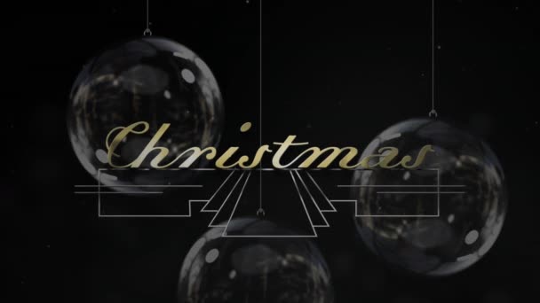 Animação Ouro Brilhante Texto Natal Sobre Decorações Natal Bugigangas Fundo — Vídeo de Stock