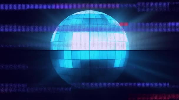 Animation Screen Bands Interference Showing Glowing Blue Disco Ball Turning — Stock Video