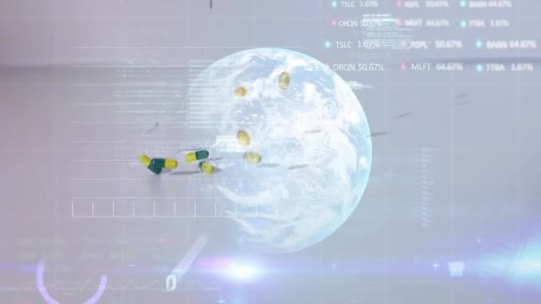 Animação Processamento Dados Diagramas Sobre Globo Giratório Cair Pílulas Sobre — Vídeo de Stock