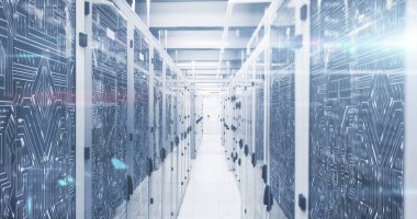 Sunucu odasında dijital veri işleme resmi. Küresel dijital veri işleme konsepti dijital oluşturulmuş resim.