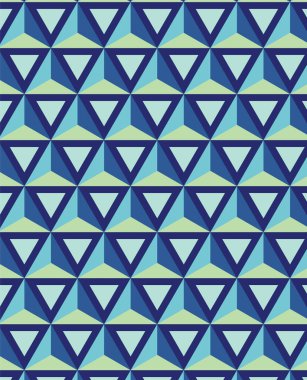 Mavi geometrik üçgen şekillerin soyut çizimi yeşil arkaplana karşı pürüzsüz desenli. Kusursuz desenli arkaplan çizimleri