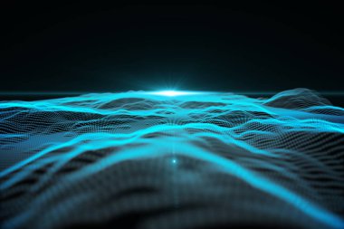 Siyah arkaplana karşı parlayan mavi dijital ağ dalgasının soyut çizimi. Soyut doku ve şekillere sahip teknoloji arkaplanı