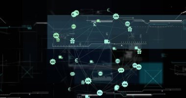 Koyu arkaplan üzerinde saat ve bağlantı ağı resmi. Küresel bağlantılar ve veri işleme kavramı dijital resim oluşturuldu.