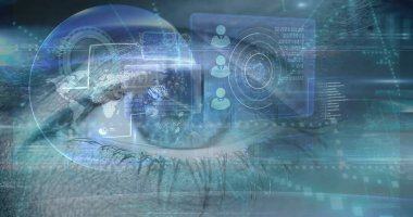 Saat ve göz üzerinden veri işleme görüntüsü. Küresel iş ve dijital arayüz kavramı dijital olarak oluşturulmuş görüntü.