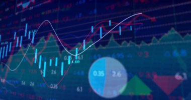 Mavi arkaplanda veri işleme resmi. küresel iş ve dijital arayüz kavramı dijital olarak oluşturulmuş görüntü.