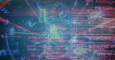 Siyah arkaplanda veri işleme üzerine asma kilit simgesi resmi. Küresel teknoloji, çevrimiçi güvenlik ve dijital arayüz kavramı dijital olarak oluşturulmuş görüntü.