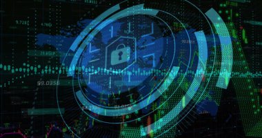 Veri işleme üzerinde asma kilit simgesi ve siyah zemin üzerinde dünya haritası olan bir tarama alanı resmi. Küresel teknoloji, çevrimiçi güvenlik ve dijital arayüz kavramı dijital olarak oluşturulmuş görüntü.