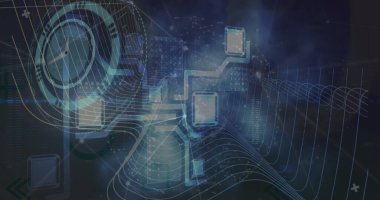 Saat ve şekiller üzerinde veri işleme resmi. Küresel iş ve dijital arayüz kavramı dijital olarak oluşturulmuş görüntü.