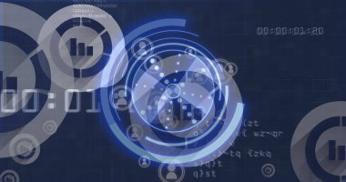 Kapsam taraması ve veri işleme üzerine simgeler. Küresel teknoloji, çevrimiçi güvenlik ve dijital arayüz kavramı dijital olarak oluşturulmuş görüntü.