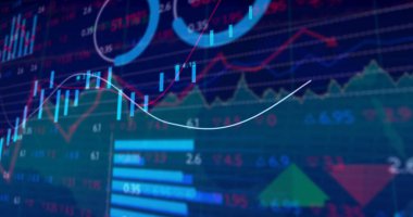 Mavi arkaplanda veri işleme resmi. küresel iş ve dijital arayüz kavramı dijital olarak oluşturulmuş görüntü.