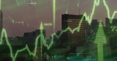 Şehir manzarası üzerinde veri işleme resmi. küresel iş ve dijital arayüz kavramı dijital olarak oluşturulmuş görüntü.