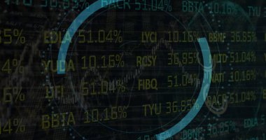 Duvar simgesiyle tarama alanı görüntüsü ve kara fon üzerinde borsa grafiği. Küresel teknoloji, çevrimiçi güvenlik ve dijital arayüz kavramı dijital olarak oluşturulmuş görüntü.