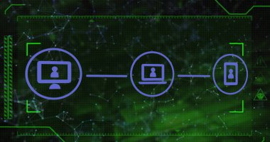 Koyu arkaplan üzerindeki simgelerin ve bağlantı ağının resmi. Küresel bağlantılar ve veri işleme kavramı dijital resim oluşturuldu.