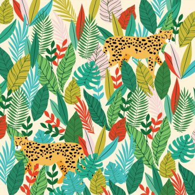 Beyaz arka planda tropikal yaprakların ve egzotik hayvanların dijital olarak üretilmiş bir tasviri. tropikal sanat çizgi film stili illüstrasyon kavramı