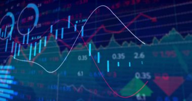 Mavi arkaplanda veri işleme resmi. küresel iş ve dijital arayüz kavramı dijital olarak oluşturulmuş görüntü.