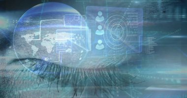 Saat ve göz üzerinden veri işleme görüntüsü. Küresel iş ve dijital arayüz kavramı dijital olarak oluşturulmuş görüntü.