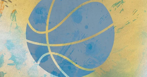 Composition Blue Basketball Ball Stencil Design Textured Yellow Concrete Wall — Stock Photo, Image