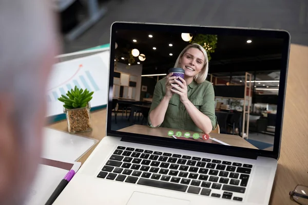 Caucasian Businesswoman Having Coffee Displayed Laptop Screen Office Video Call — Stock Photo, Image