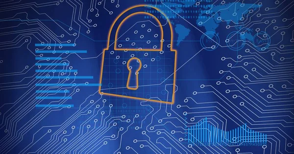 Composition of security padlock, world map over computer circuit board on blue background. global technology, data processing and digital interface concept digitally generated image.