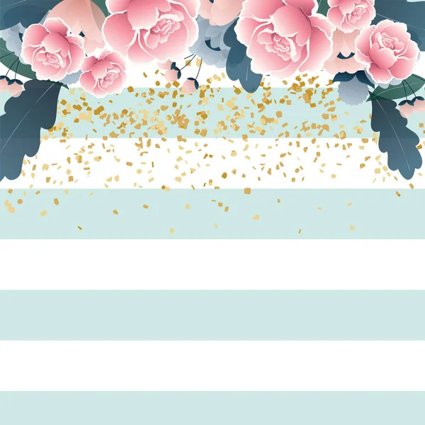 Gold confetti with pink flowers on white and green striped background. celebration party concept digitally generated image.